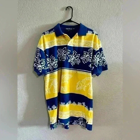 Nautica Mens Polo Yellow Blue Stripe Fish Short Sleeve Casual Polo Size Medium - Picture 1 of 6
